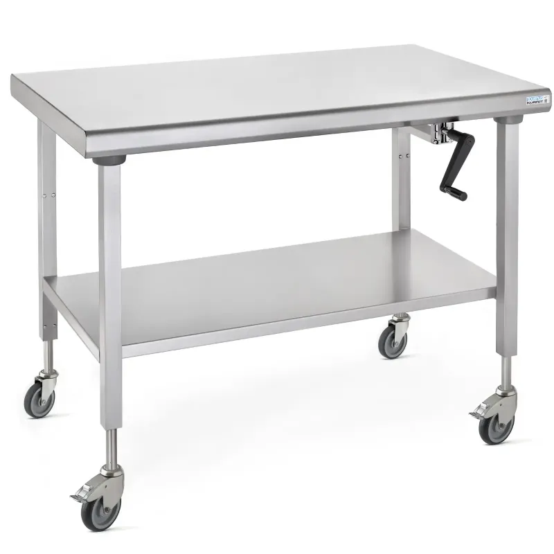 Tournus Table Inox Centrale Mobile Ergonomix 800-1400mm sur roues avec étagère Amovible