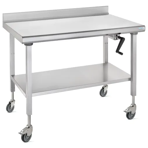 Tournus Table à dosseret Inox Ergonomix 800-1400mm sur roues avec étagère Amovible