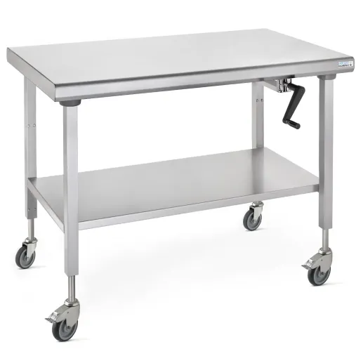 Tournus Table Inox Centrale Mobile Ergonomix 800-1600mm sur roues avec étagère Amovible