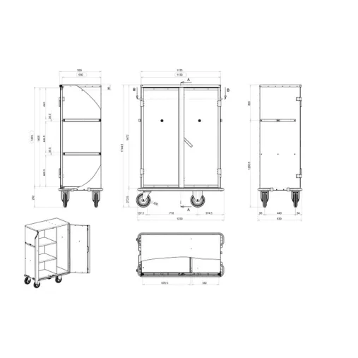 Ariane 1580 ON 001 C1 - Chariot  armoire blanchisserie professionnelle avec 2 portes + 1 penderie - Schéma Technique