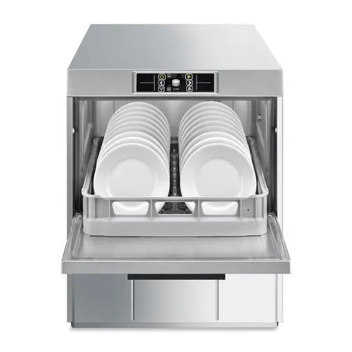 SMEG UG520DSL Lave-verres Professionnel Ouvert de face avec assiettes