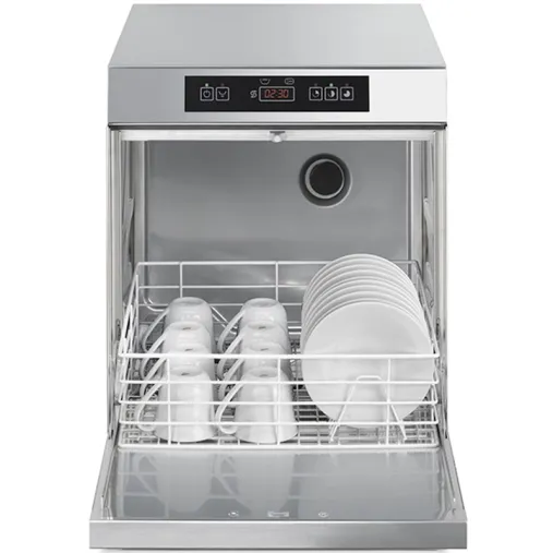 SMEG UG401DMS Lave-Verres Professionnel ouvert avec tasse et assiète