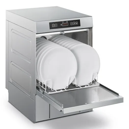 SMEG UG401DM Lave-Verres Professionnel ouvert avec assiettes