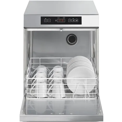 SMEG UG401DM Lave-Verres Professionnel ouvert avec assiettes et tasses