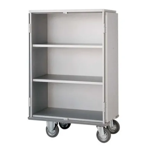 Ariane Chariot-armoire linge propre à 2 battants, étagères, pare-chocs supérieur, serrure à clé et frein sur une roue pivotante Ariane Chariot-armoire linge propre à 2 battants, étagères, pare-chocs supérieur, serrure à clé et frein sur une roue pivotante